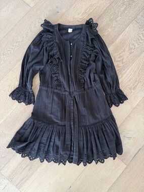 Black Ruffle Eyelet Tie-Waist Casual Dress